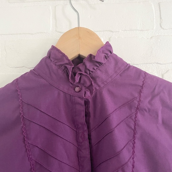 Vintage 80s Blouse Ruffled High Neck Pleated front Goth Victorian Feminine Sz 10 - Picture 3 of 9